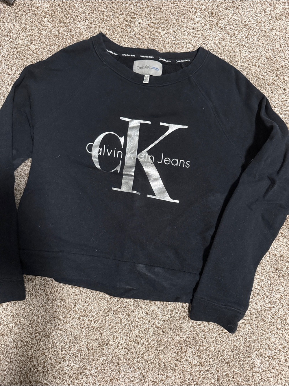 Calvin Klein Black Cropped Crewneck Sweatshirt with Silver CK Logo